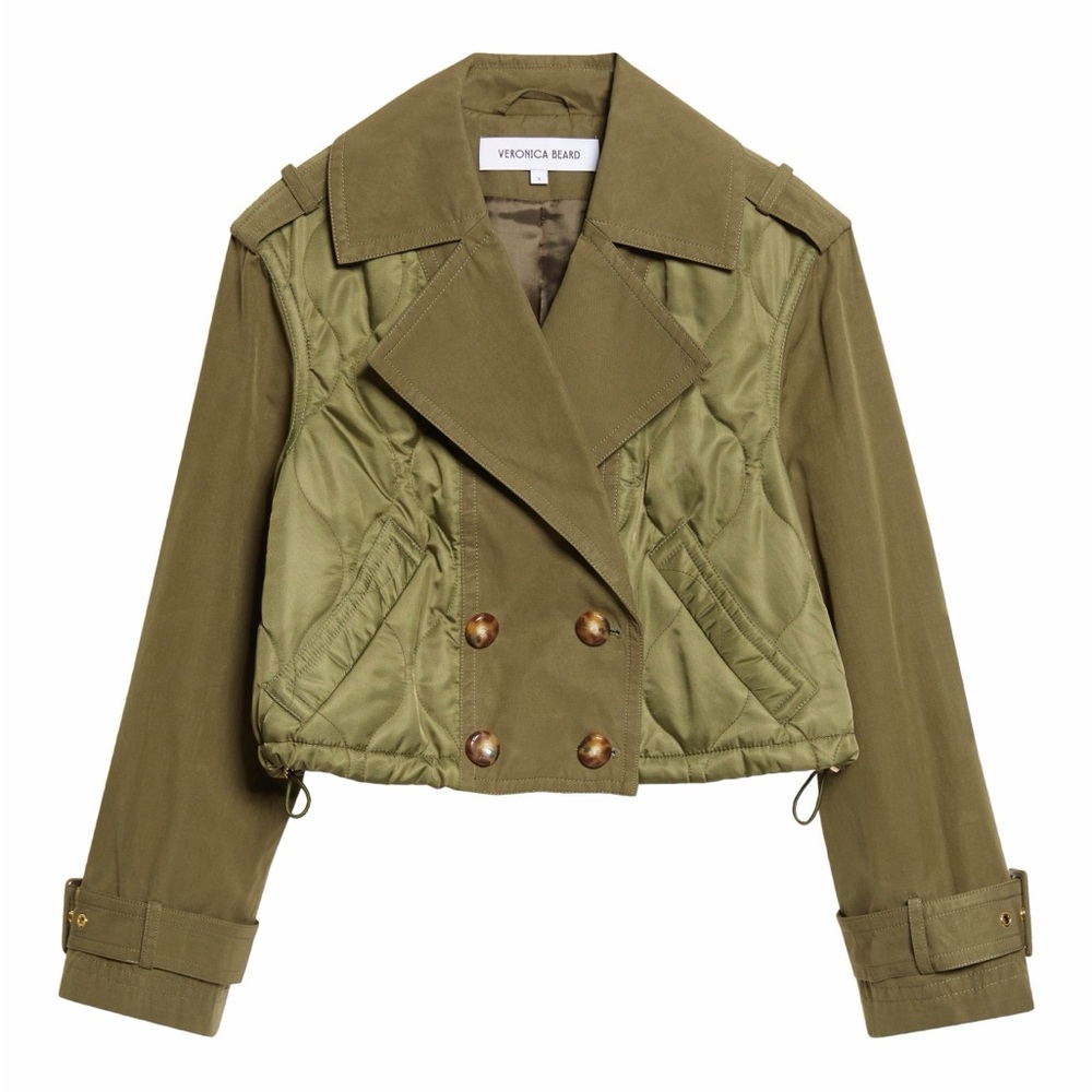 Veronica Beard Harris Crop Mixed Media Double Breasted Jacket Stone Army L